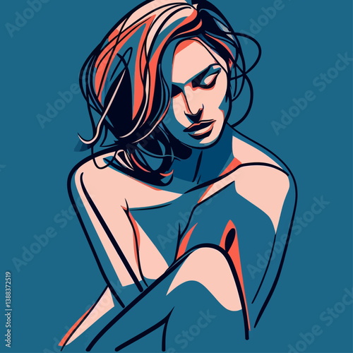 Pensive woman with bare shoulder and highlighted blue shadows – vector illustration