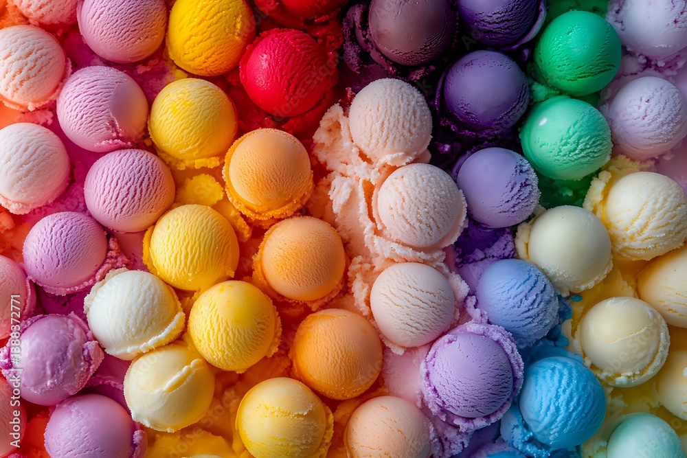 Fototapeta premium Colorful ice cream scoops in rainbow arrangement creating vibrant pattern of frozen dessert flavors, overhead view showing texture and variety of gelato colors.