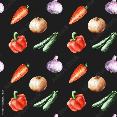 Seamless pattern with assorted vegetables on a dark background. Watercolor carrot, garlic, onion, bell pepper, zucchini. Organic food texture, eco-farm harvest print for fabric, paper, or decor