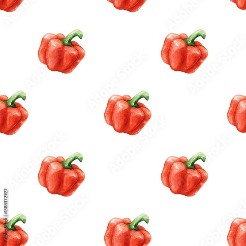 Seamless watercolor red pepper pattern on a white background. Paprika vegetable design, organic food illustration, farming harvest texture for fabric, packaging, kitchen decor, wrapping