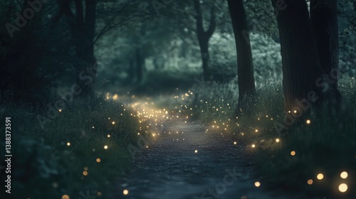 Mystical Forest Path Illuminated by Twinkling Lights and Enveloped in Mist