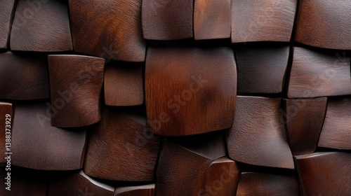 Fototapeta Naklejka Na Ścianę i Meble -  Intricate wooden wall panels.  Close-up view of a design featuring numerous sculpted wood blocks, creating a textured, 3D surface.