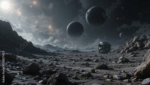 Fototapeta Naklejka Na Ścianę i Meble -   A barren asteroid field with a space station 