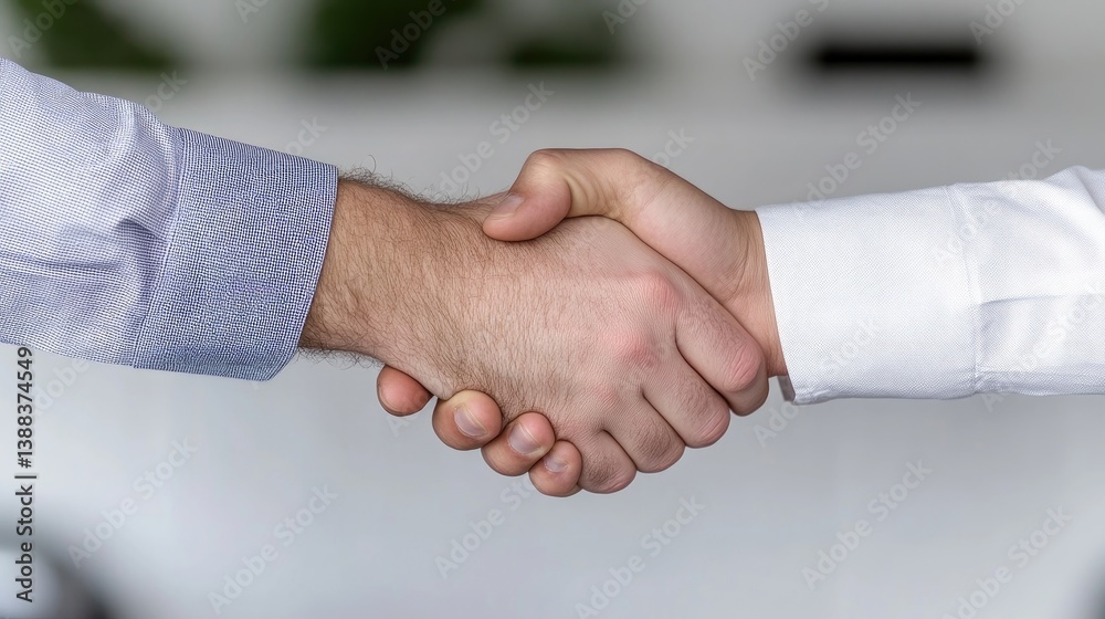 Two hands firmly grasp in a handshake. The image focuses on the clasped hands, showing detail of the skin texture. A blurred background suggests an office setting. The lighting is soft and even. The Two hands firmly grasp in a handshake. The image focuses on the clasped hands, showing detail of the skin texture. A blurred background suggests an office setting. The lighting is soft and even. The