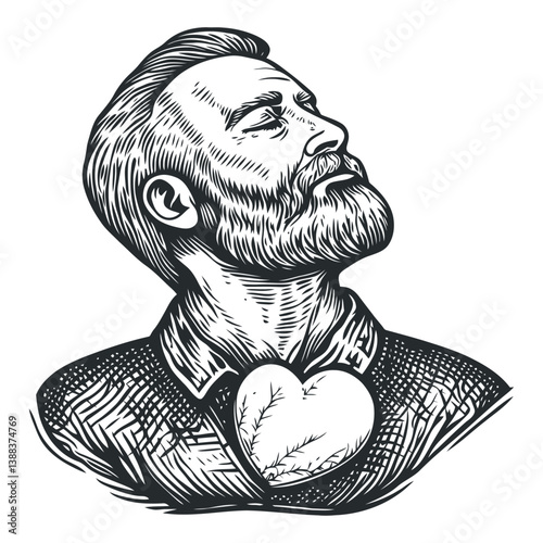 Vintage Portrait of a Man with Heart Motif in Black and White Style
