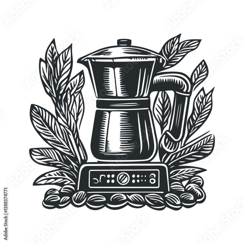 Retro Coffee Maker Surrounded by Leaves and Decorative Elements