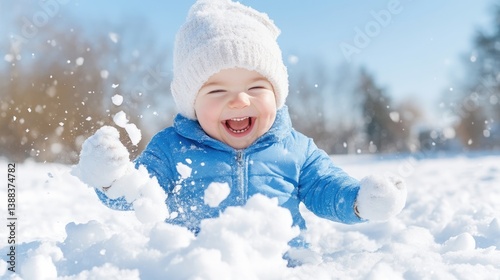 A happy baby, wearing a white knit hat and blue snowsuit, plays in the snow. The baby is surrounded by snow, creating a joyful winter scene. The image is bright, high-resolution, and features natural
