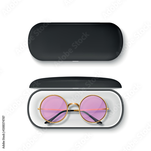 Vector 3D Realistic Round Sunglasses with Metal Frame and Hard Black Case. Stylish Vintage Eyeglasses in Open and Closed Protective Case. Design Template for Optics, Fashion, Eyewear Branding