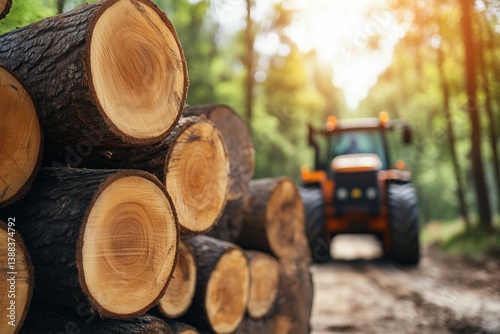 Fototapeta Naklejka Na Ścianę i Meble -  Logs stacked in a forest with a tractor in the background  