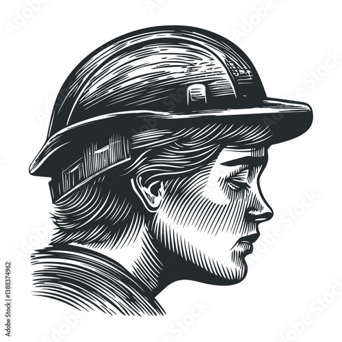 Detailed Profile of a Worker with Helmet in Vintage Style Illustration