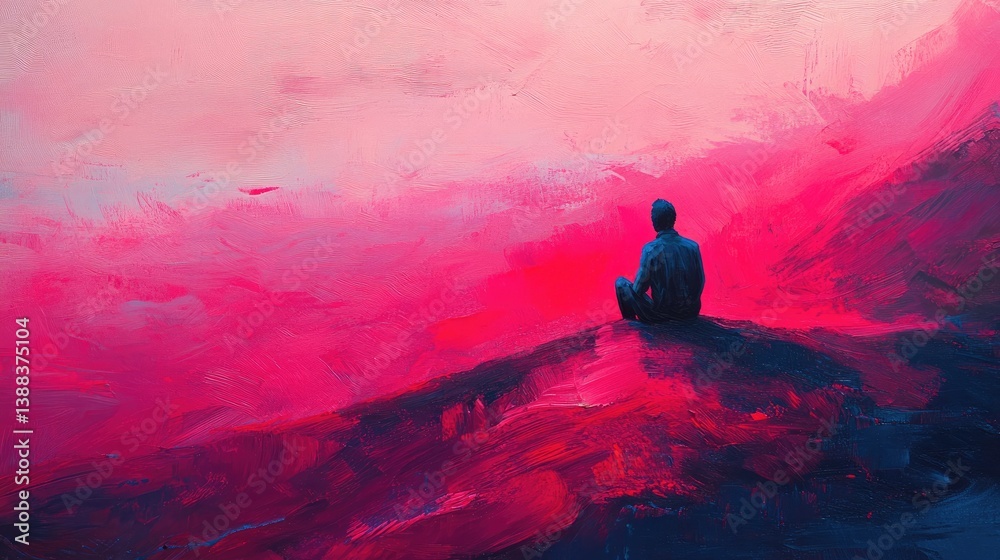 Fototapeta premium Painted Scene of a Person Sitting on a Cliff Edge Against a Fiery Red Sky, Evoking Contemplation and Serenity