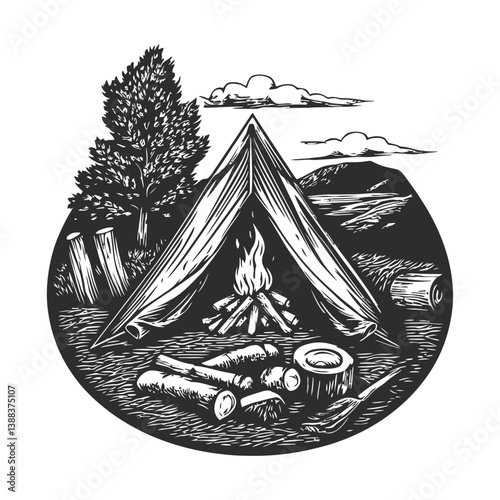 Camping Scene with Tent and Campfire in Nature Landscape