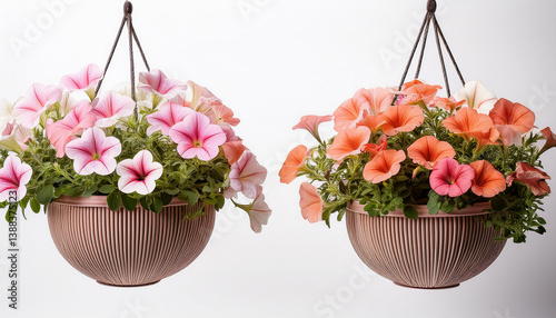 a pair of vibrant hanging baskets blooming with pink and peach petunias on a white or clear surface white background
