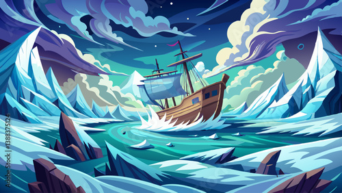 A lonely ship trapped in a sea of ice, surrounded by frozen waves and biting wind.