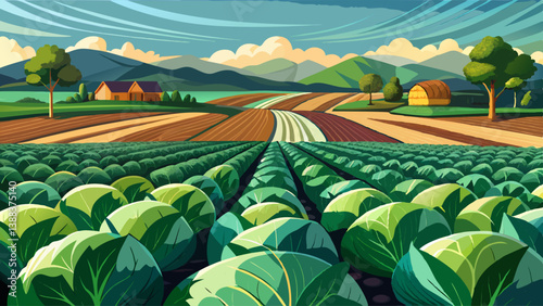 cabbage plantations grow in the field. vegetable rows. farming, agriculture. Landscape with agricultural land. crops. selective focus