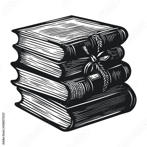 Vintage Stack of Three Bound Books with Twine Detail Illustration