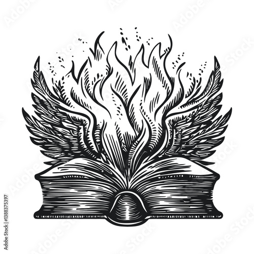 Book with Wings and Flames Emanating from Open Pages Illustration