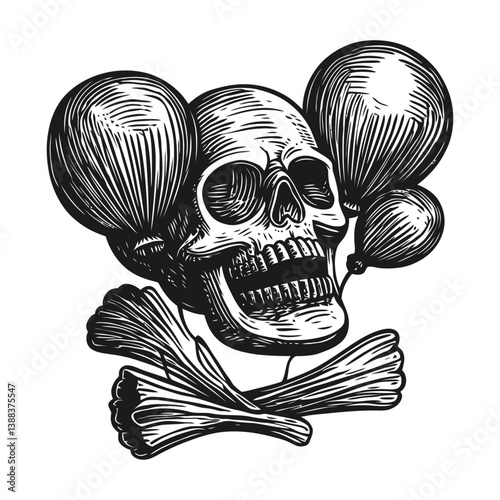 Skull with Balloons and Bones in Vintage Engraving Style Art