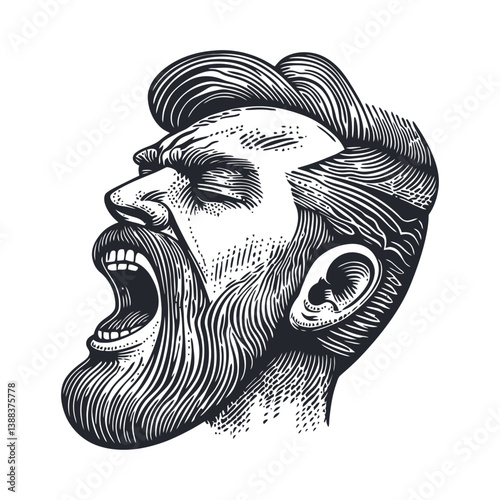 Detailed Vintage Style Illustration of a Man Yelling with Beard