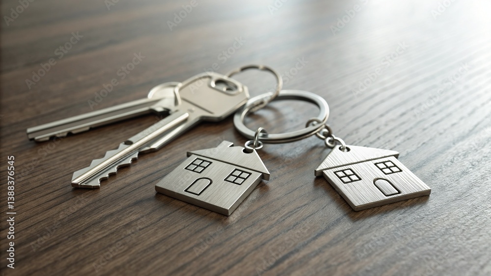 House keys with home-shaped keychains on wooden surface House keys with home-shaped keychains on wooden surface