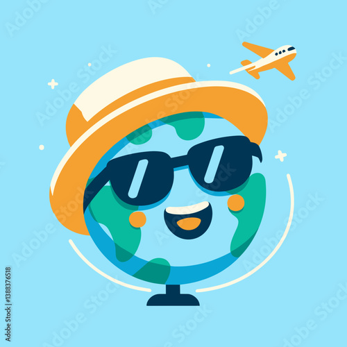 Flat vector postcard design featuring a smiling globe tourist, with an airplane circling arounf it