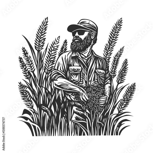 Bearded Man in Sunglasses Surrounded by Tall Grass and Plants