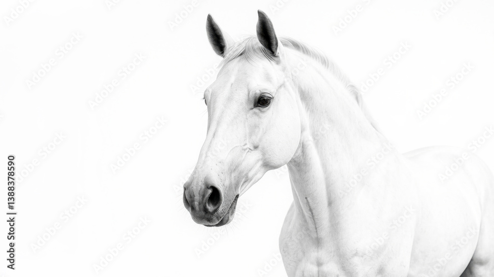 Fototapeta premium White horse in high-key black and white closeup with calm and attentive expression