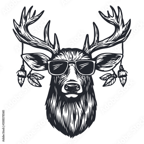 Stylish Deer Illustration with Sunglasses and Antlers in Vintage Style