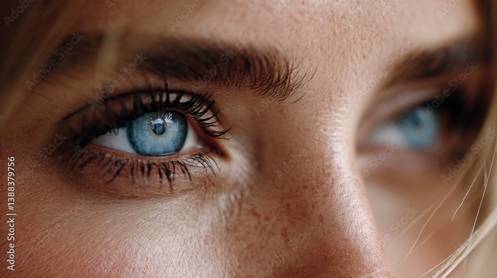 Fototapeta premium Looking Up Close Up of Woman's Light Blue Eyes and Eyelashes
