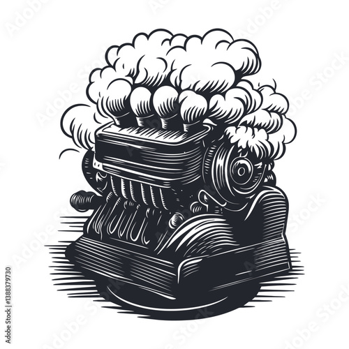 Vintage Engine Illustration with Steam and Mechanical Details