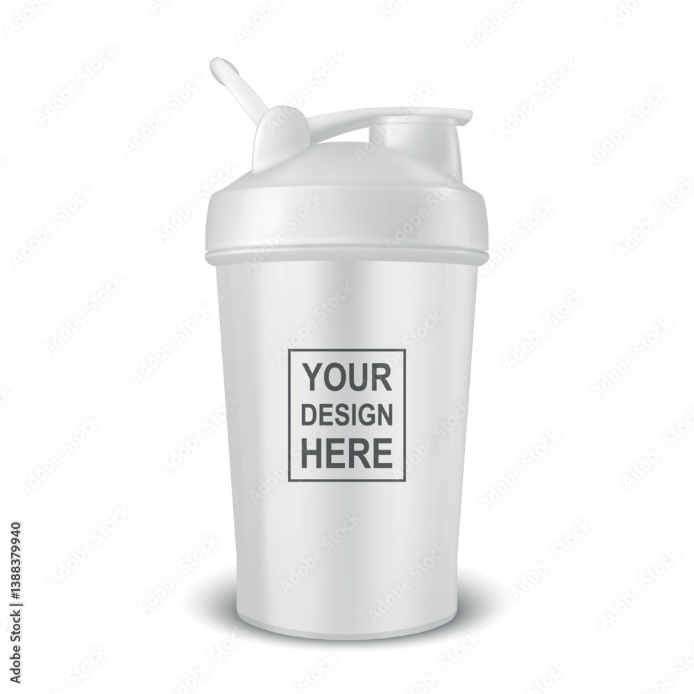 Obraz premium Vector Realistic 3D White Empty Glossy Metal Shaker Bottle With White Cap for Fitness Sports Nutrition Supplement Workout Hydration Closeup Isolated. Packaging Mockup Design Template
