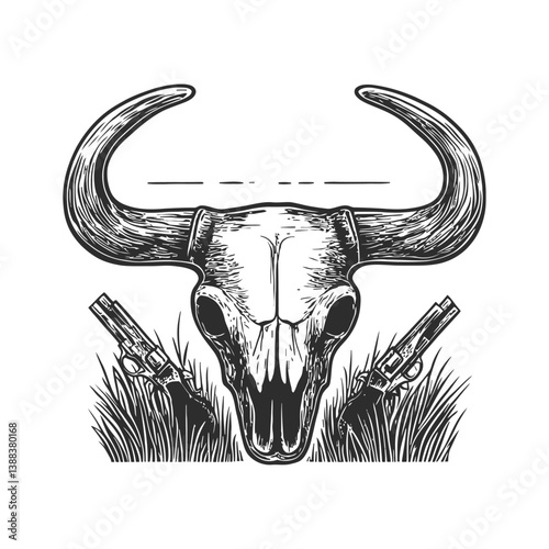 Illustration of a Bull Skull with Guns and Grass Elements