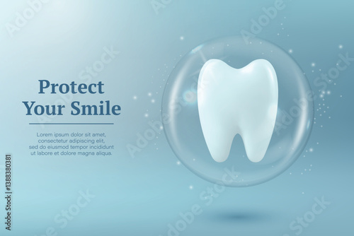 Protect Your Smile. Vector 3D Realistic Tooth in a Protective Bubble Isolated on a Blue Background. Design Template, Clipart, Mockup. Dentistry, Healthcare, Medical, Hygiene, Protection Concept