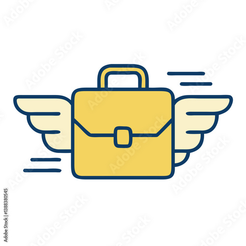 Flying briefcase icon with wings in yellow and blue colors