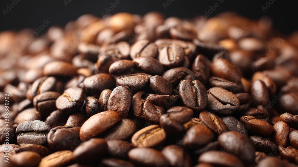Fototapeta premium Pile of Roasted Coffee Beans Macro Close Up Shot Dark Background