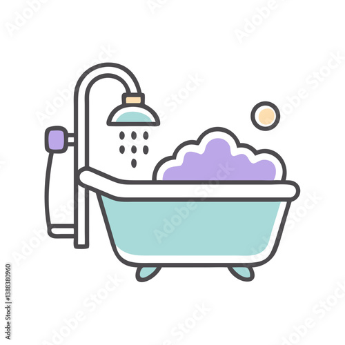Bathtub with bubbles and shower head in a minimalist style  