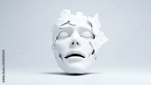 A white, sculpted face, partially fragmented, is the central focus. The sculpture is isolated against a plain white background. The image is clean, high-resolution, and features even lighting. Its st
