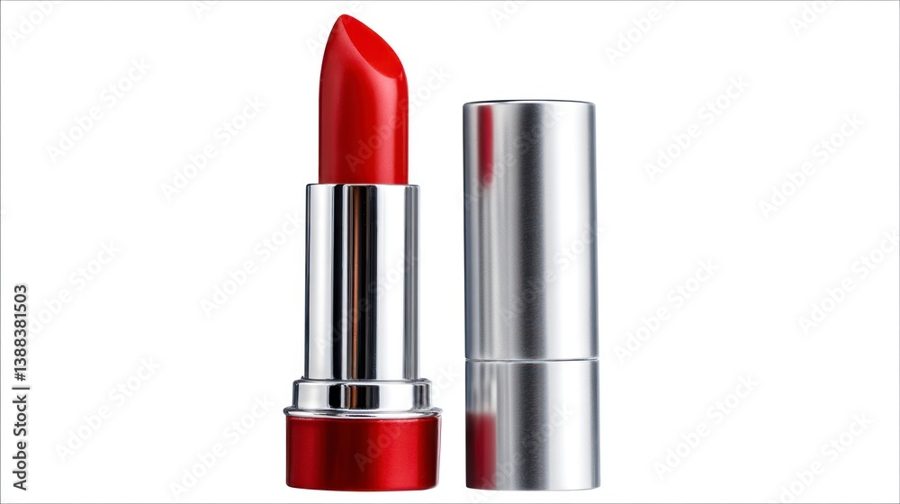 Obraz premium Red Lipstick with Silver Casing on White Backdrop for Makeup