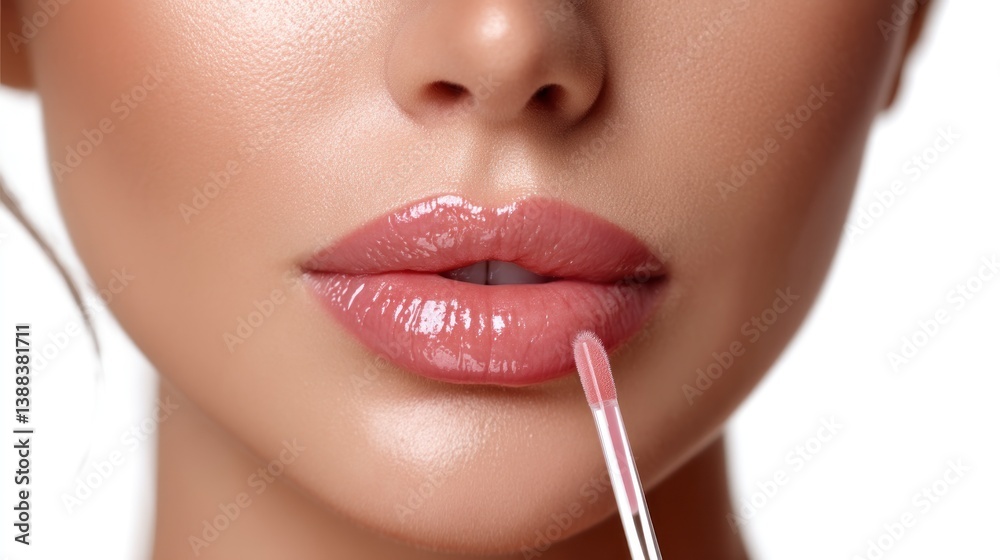 Obraz premium Applying Glossy Lip Gloss to Full Lips for a Glamorous Look