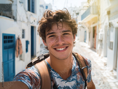 Young man taking a selfie while walking through a tourist town on a sunny day. Generative AI.