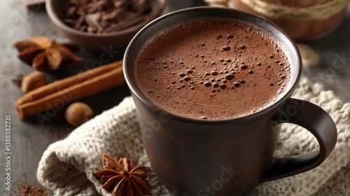 Hot Chocolate Drink with Cinnamon and Anise on Wooden Table