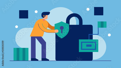 Digital Lock An illustration of an auditor placing a digital lock symbol over a blockchain graphic representing security and adherence to regulations.