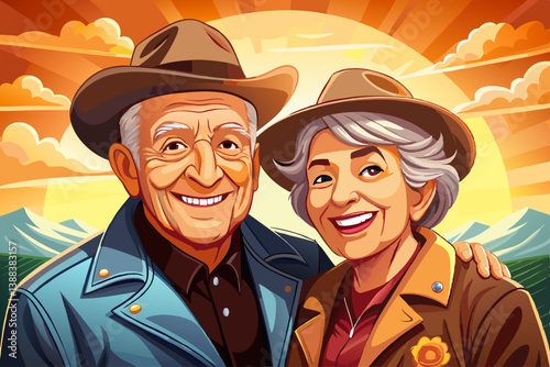 vector of A happy elderly couple in leather jackets and cowboy hats smiling warmly, portraying happiness and contentment against a sunlit background.
