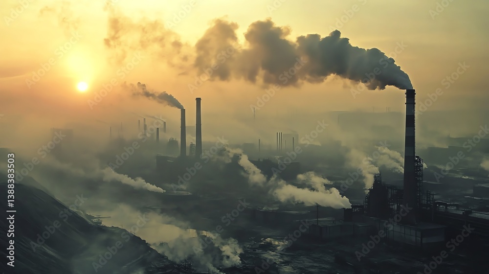 Industrial Smoke Rising From Factory Chimneys at Sunset Causing Air Pollution