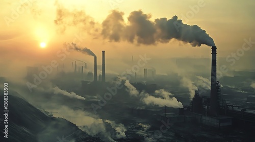 Obraz na płótnie Industrial Smoke Rising From Factory Chimneys at Sunset Causing Air Pollution w salonie