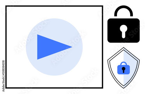 Blue play button inside a square, black padlock, and shield with lock icon. Ideal for digital security, online privacy, cyber protection, access control, data encryption, secure streaming internet