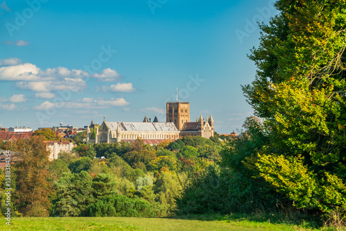 Obraz na płótnie Cathedral and Church of Saint Alban seen from Verulam Park. England w salonie