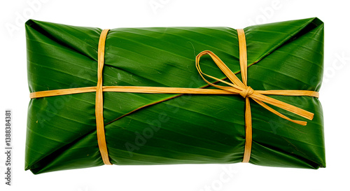 Close up of a tamale wrapped in a green banana leaf and tied with raffia on a black background and clean png