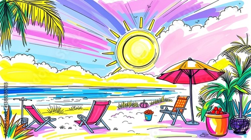 bright and colorful cartoon beach with umbrellas and sun
playful fun atmosphere with ocean, palm, and sand
great for kids content, invitations or fun illustrations

