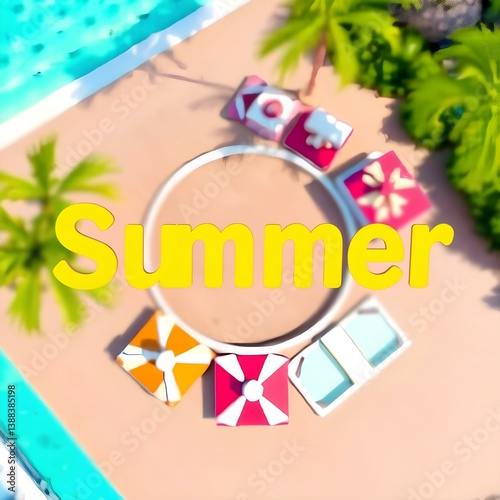 aerial top view of a colorful poolside in summer season
beach chairs and umbrellas near a circular modern pool
fun holiday vibe for travel ads or design backdrops

